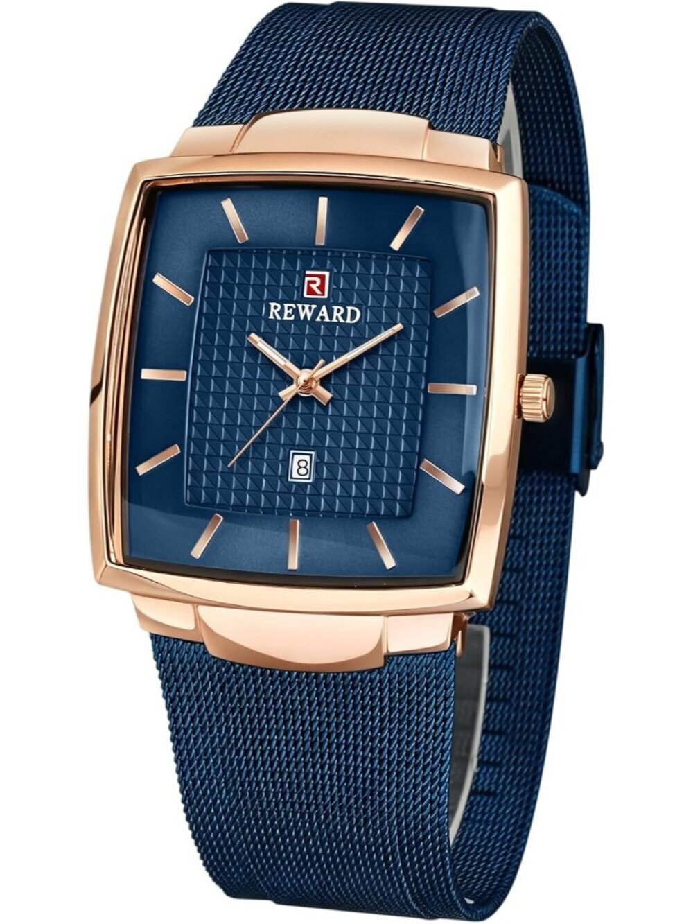 Men's Blue Gold Square Analog Quartz Stainless Steel Mesh Strap Wrist Watch